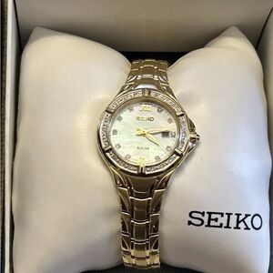 NIB Seiko Gold Solar Watch with Diamond Accents